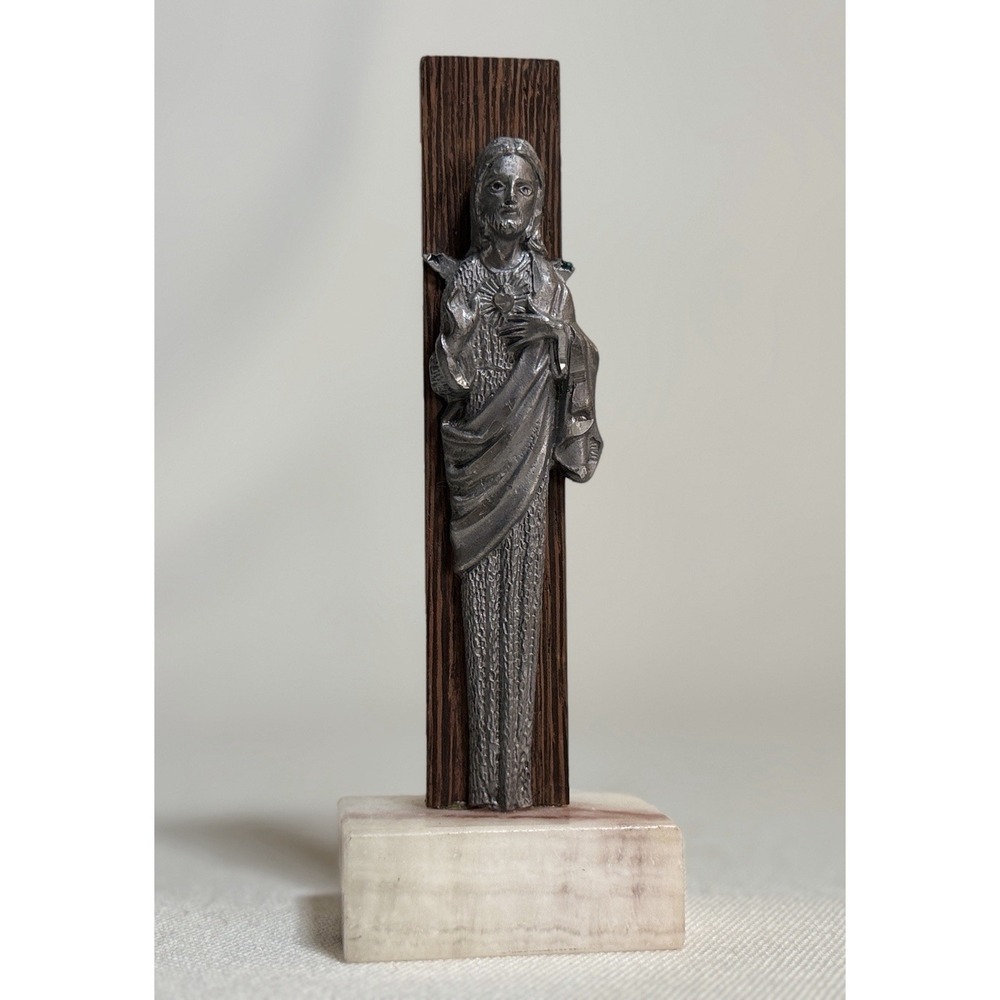 Vtg Sacred Heart of Jesus Pewter Statue Italian Marble Base Hand Finished Italy